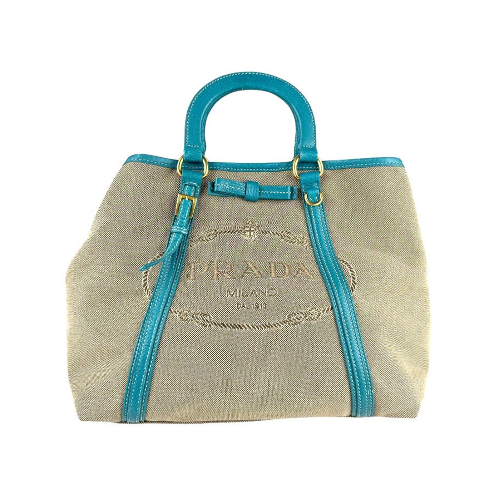 Prada 2way Shoulder Bag Jacquard Canvas Leather Blue Brown
